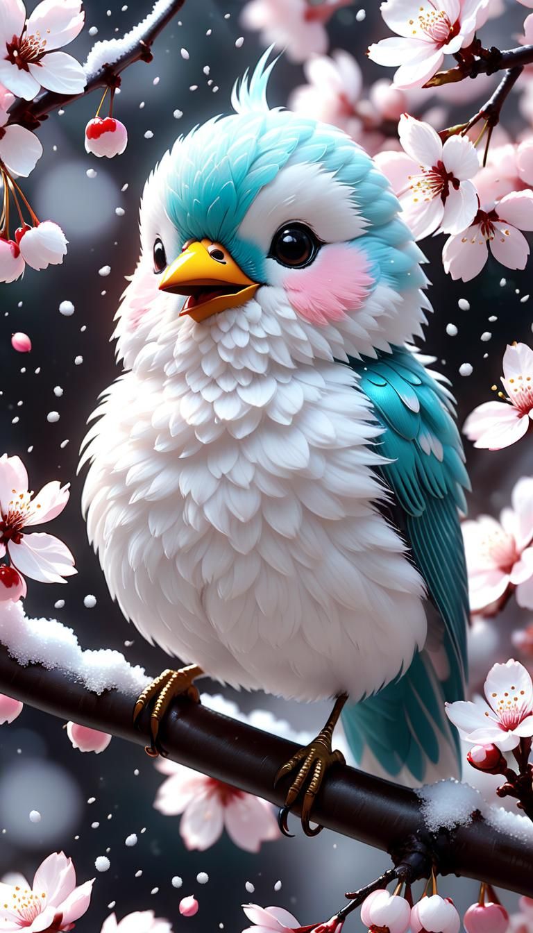 Ethereal 3D Bird on Cherry Blossom Branch