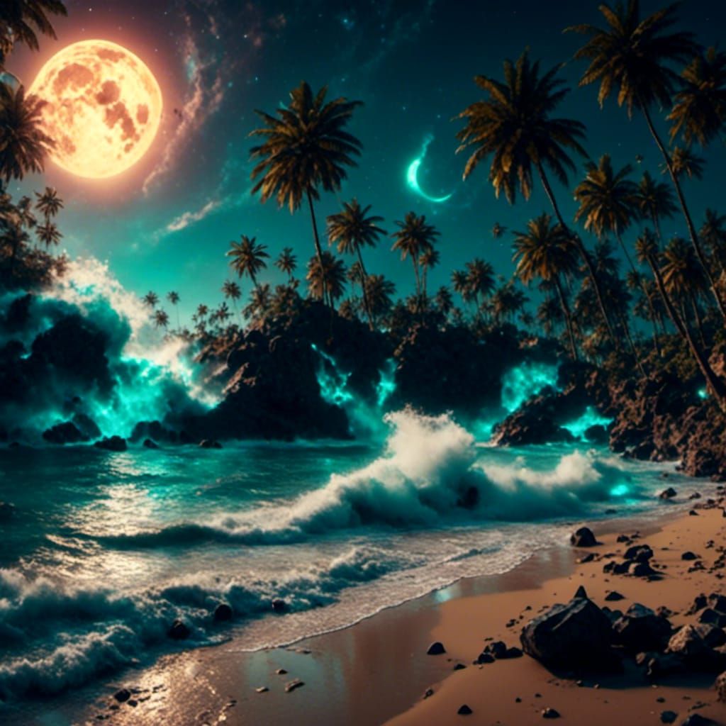 Iridescent Moon Over Mystical Ocean at Night