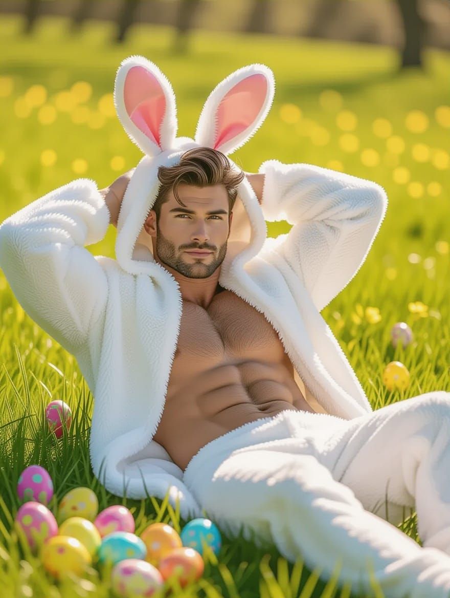 Hyper-Realistic Bunny Suited Man in Lush Spring Landscape