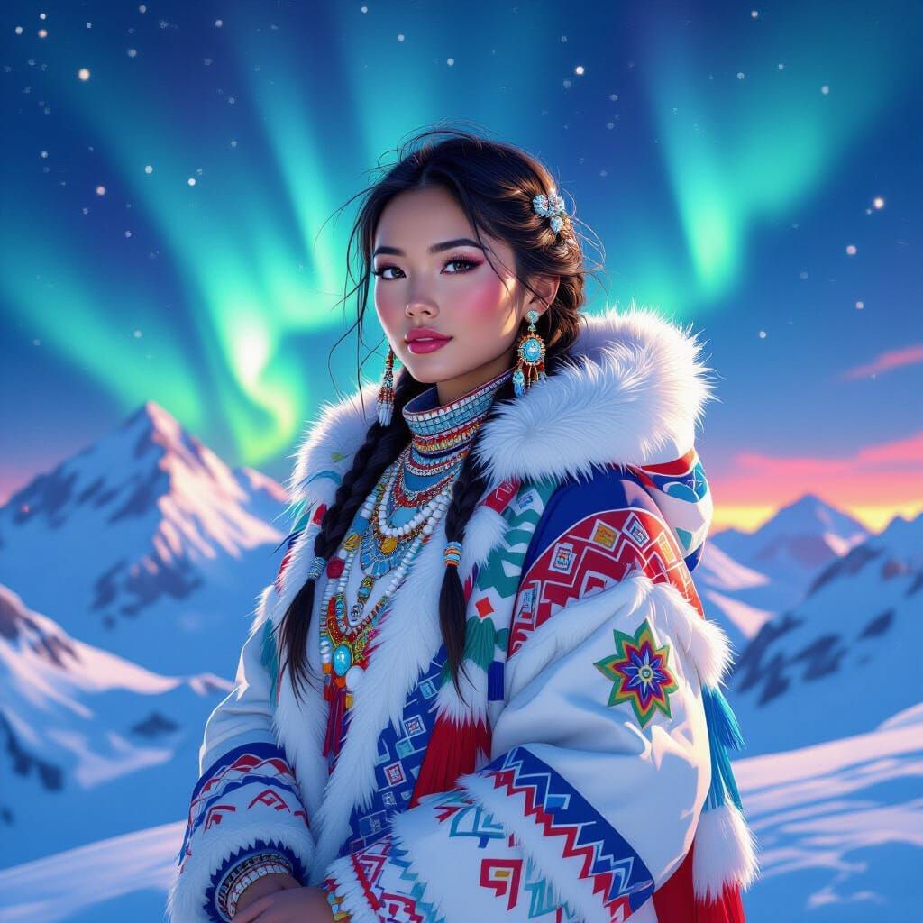 Inuit Woman on Snowy Peak with Aurora Borealis