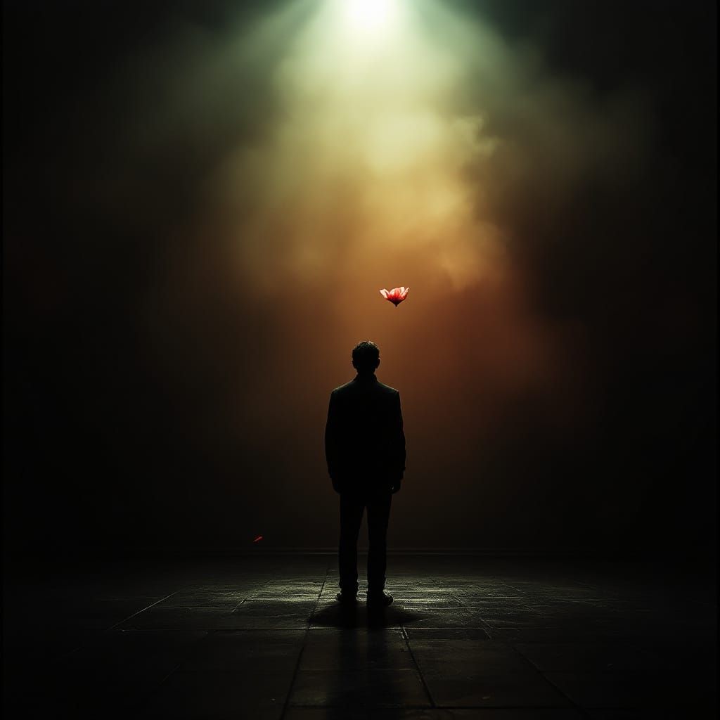 Lone Figure in Smoky Jazz Club with Falling Petal