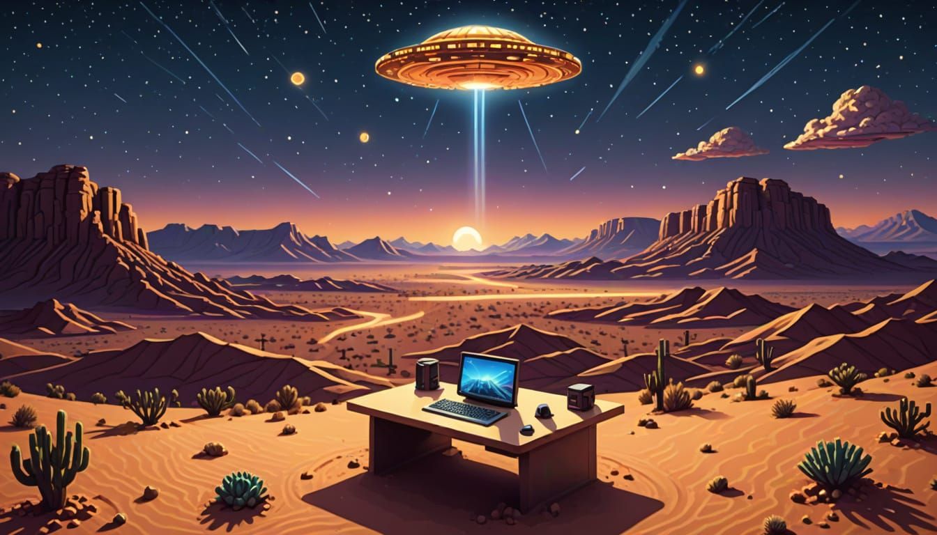 UFOs Over Desert Landscape in Isometric Diorama