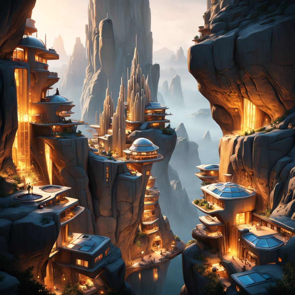 Futuristic Glass City Built Into Rock Crevice