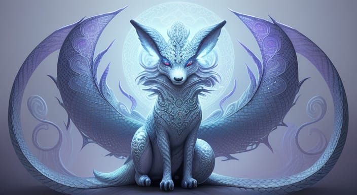 Mythical Serpentine Fox Creature with Tattoo