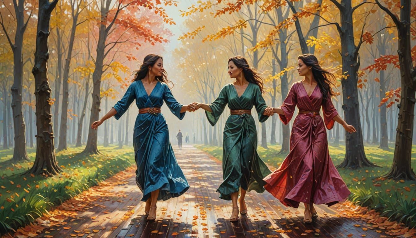 Sisters in Autumn Glory, in Oil Painting Style