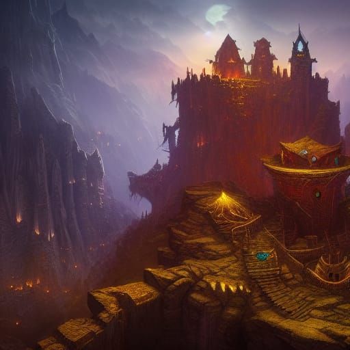 Fantastical Night Mountain Fortress in Matte Painting Style