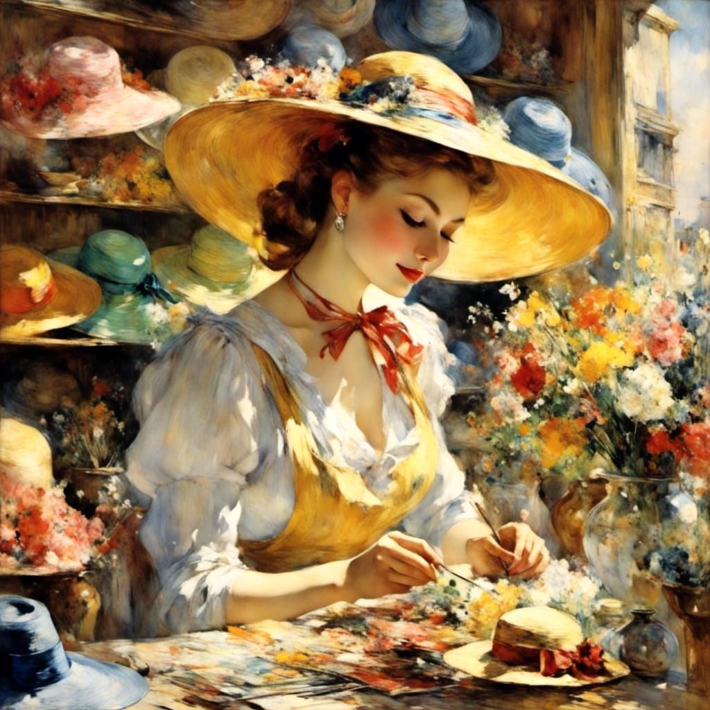 Girl in Hat Shop with Swirling Cloud Effects