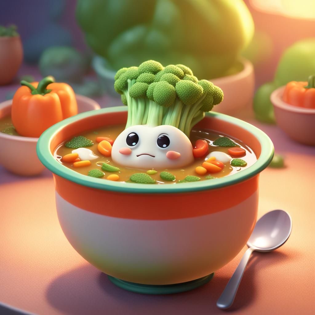 Kawaii Vegetable Character Relaxing in Hot Soup: 3D Digital ...