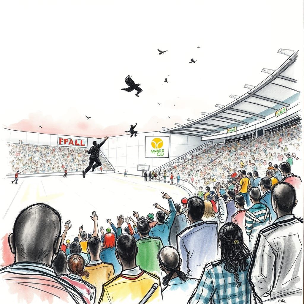 Crowd Levitates Upward in Bold Ink and Chalk Style