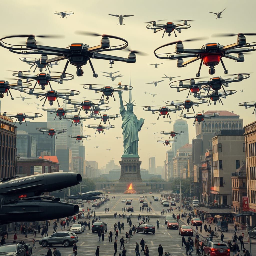 Dystopian Drone Swarm Over Liberty Square