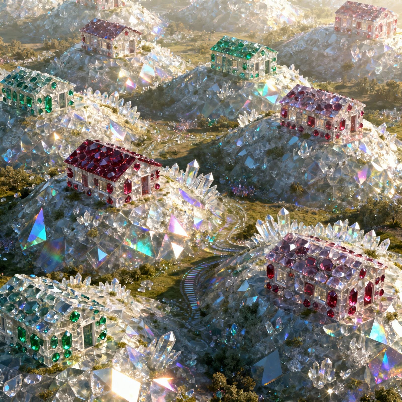 Gemstone Houses on Crystal Hills with Ruby and Emeralds
