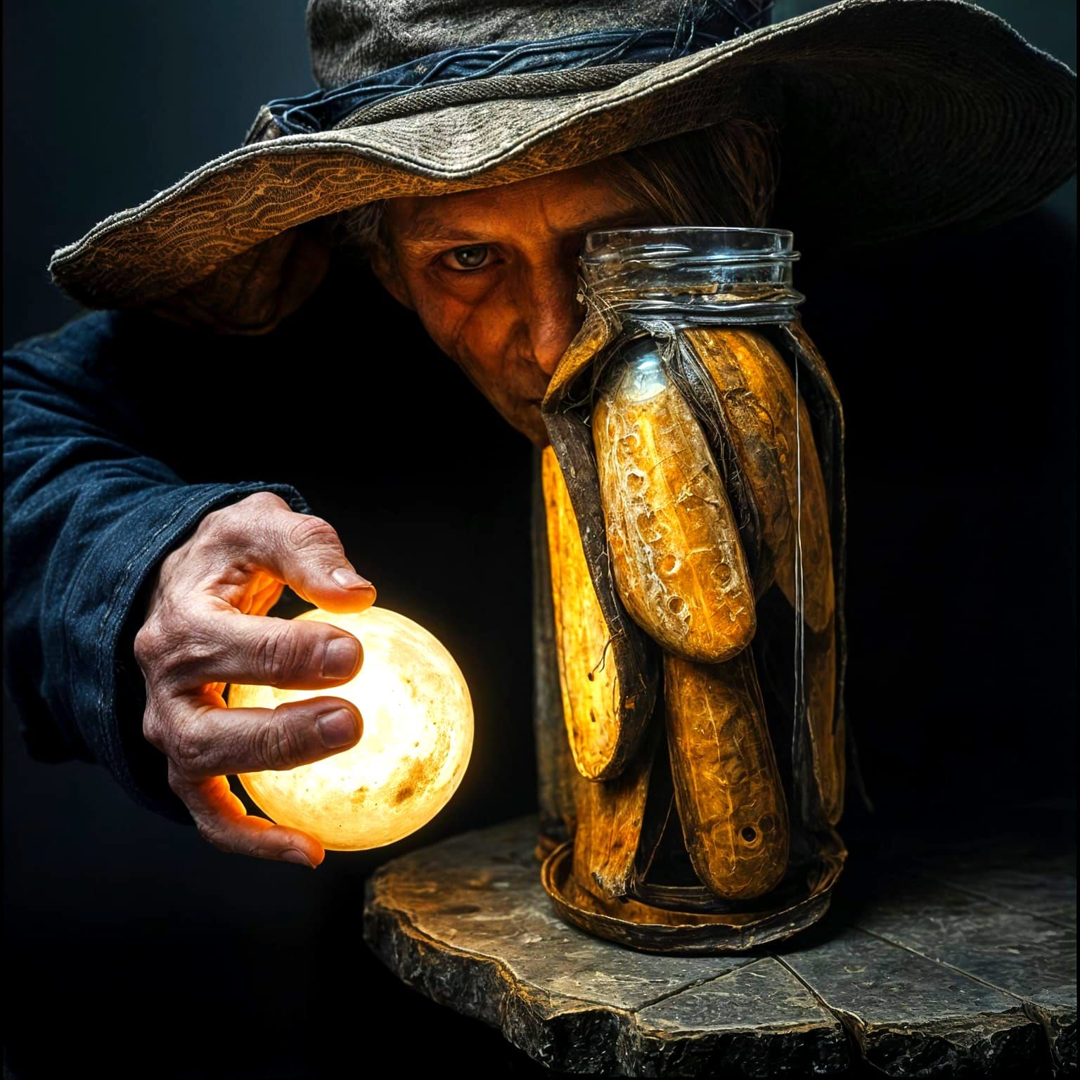 Aged Hand Holds Glowing Orb in Dark Fantasy Style