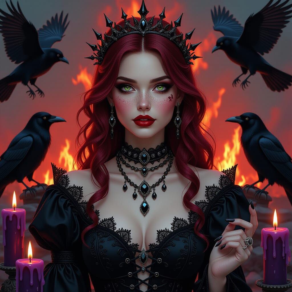 Beautiful Witch Portrait with Crows and Wildfire