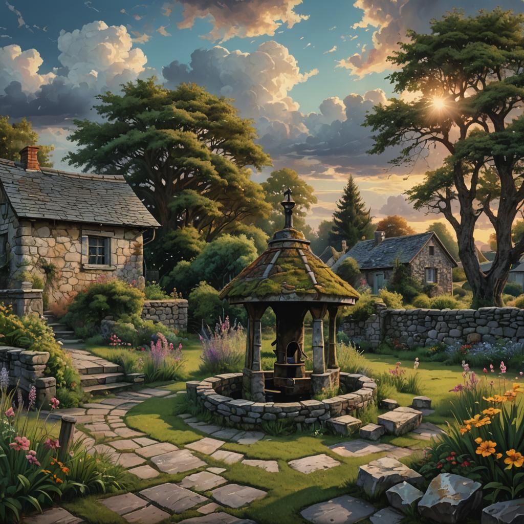 Hyperrealistic Well and Cottage Garden Scene