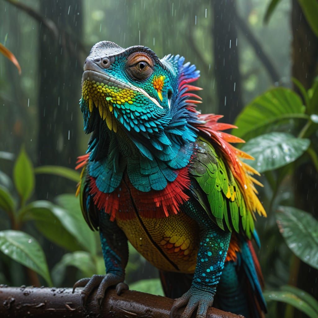 Chameleon Disguised as Parrot in Rainforest