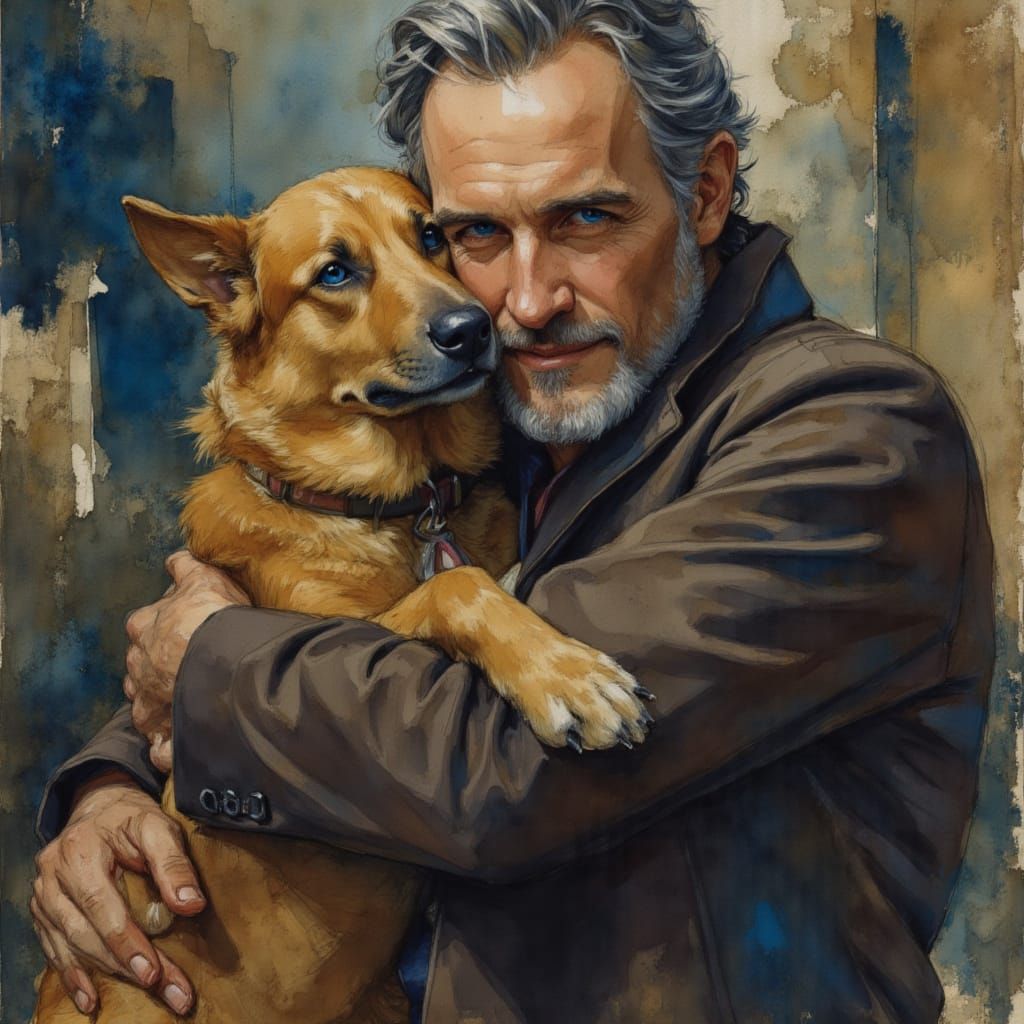 Old Man and Dog: Gouache and Watercolor Portrait