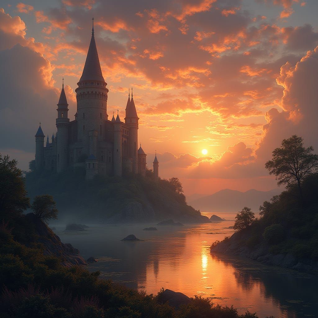 Surreal Sunrise Castle in Hyper-Realistic Painting Style