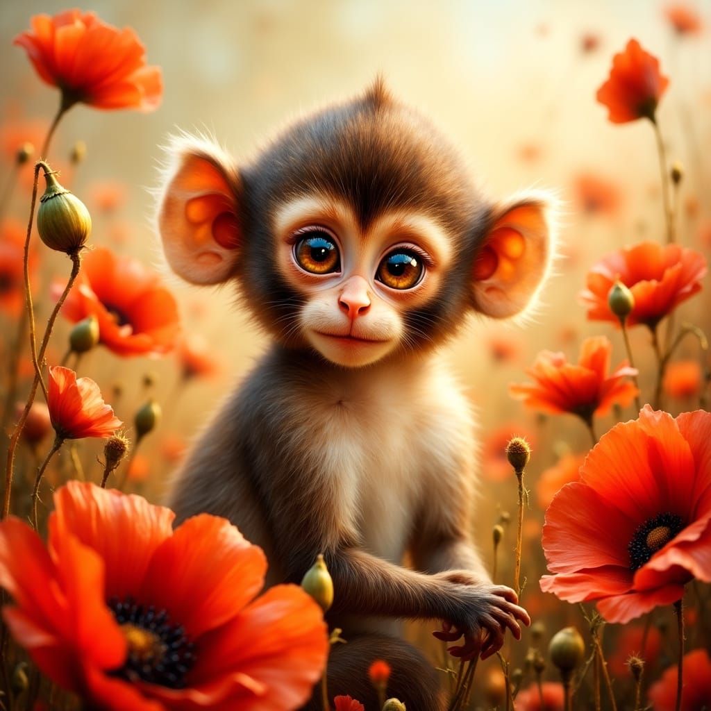 Cute Monkey in Poppy Field, Storybook Style