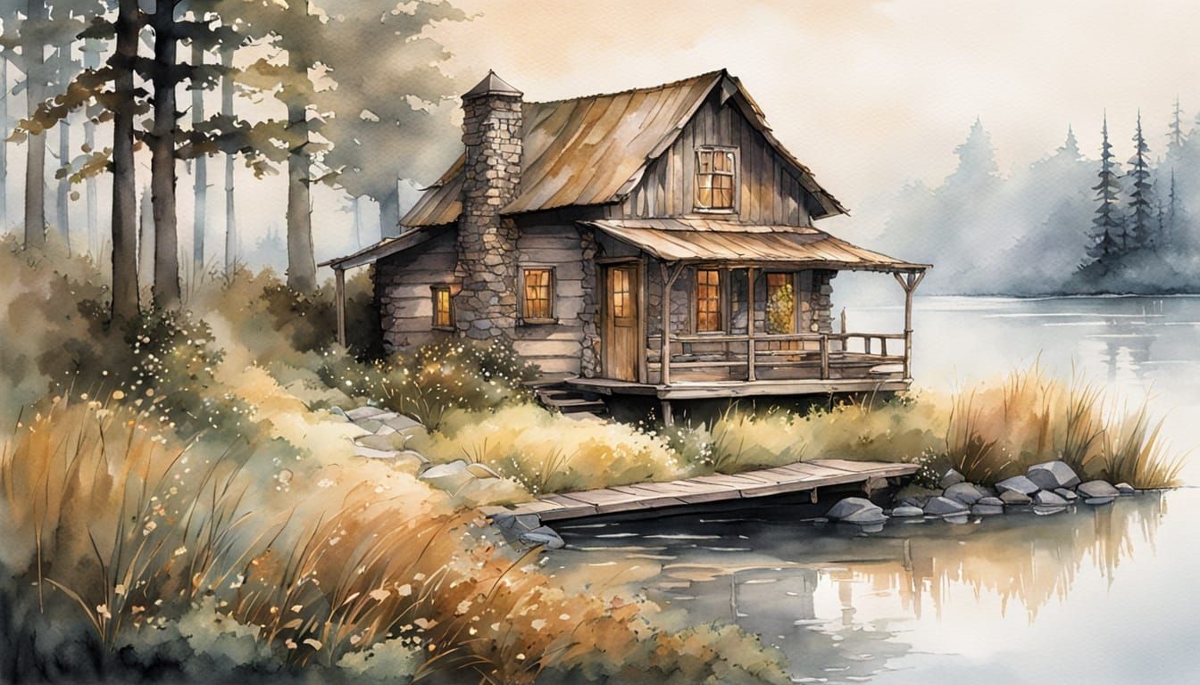 Fairy Tale Cabin by a Misty Lake in Watercolor Sketch Style