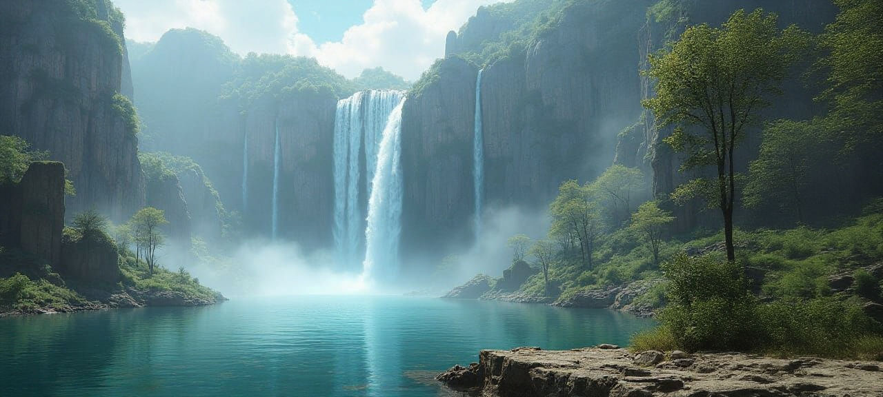 Epic Fantasy Waterfall Landscape with Ancient Ruins