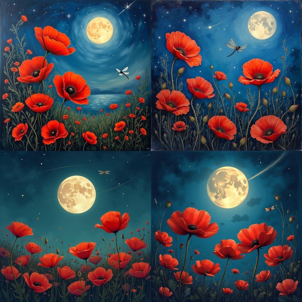 Abstract Red Poppies Under Moonlit Sky