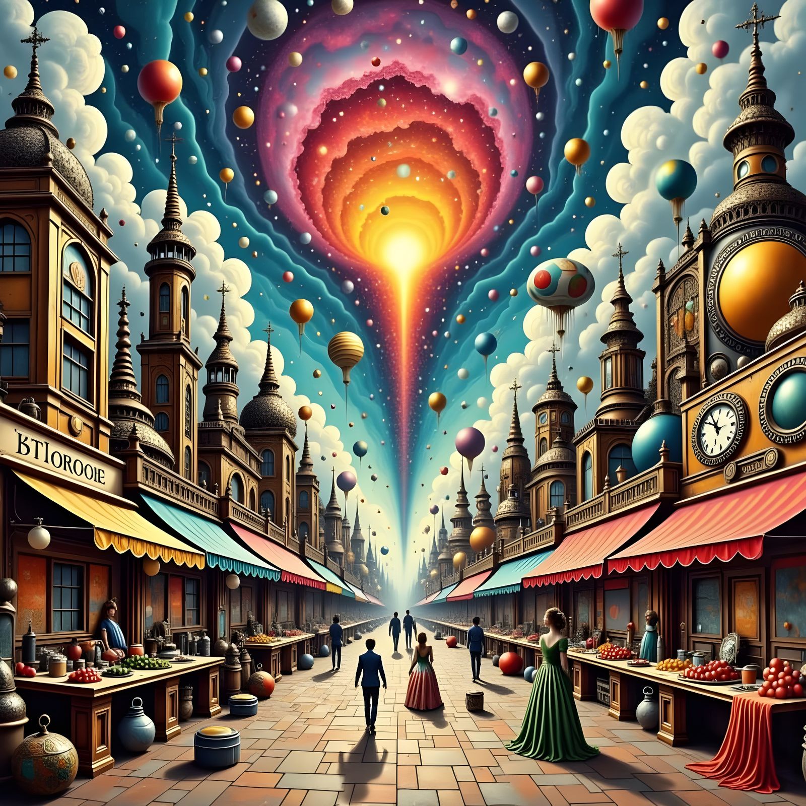 Steampunk City Marketplace with Airships and Pointillist Art