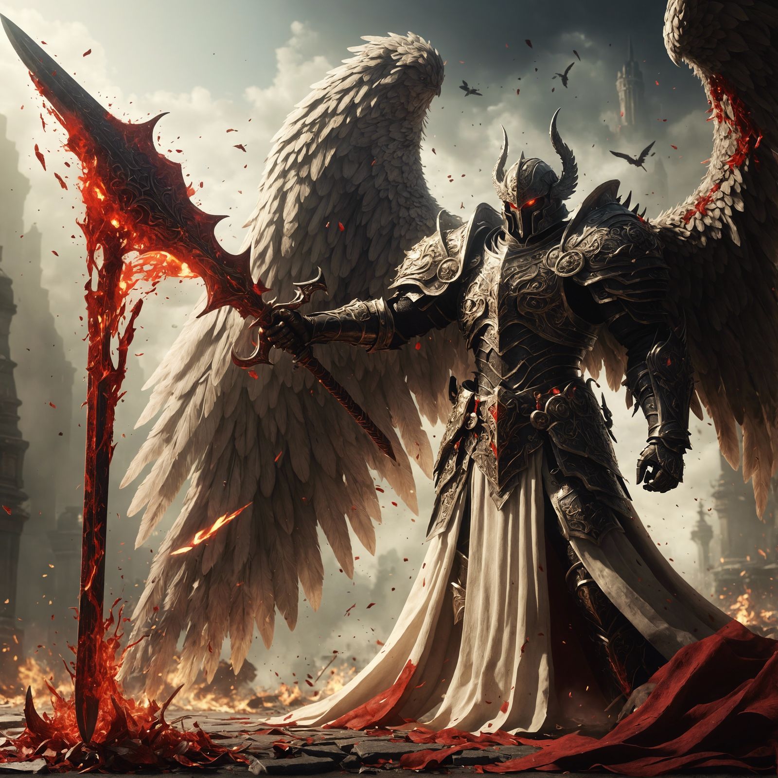 Fallen Angel with Blood Sword in Fantasy Armor