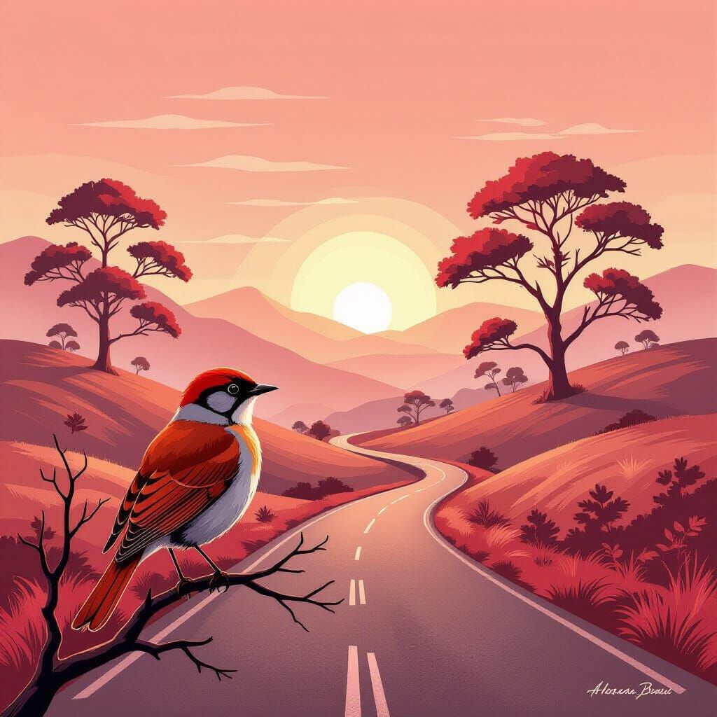 Monochromatic Sepia Landscape with Thrush in Dürer Style