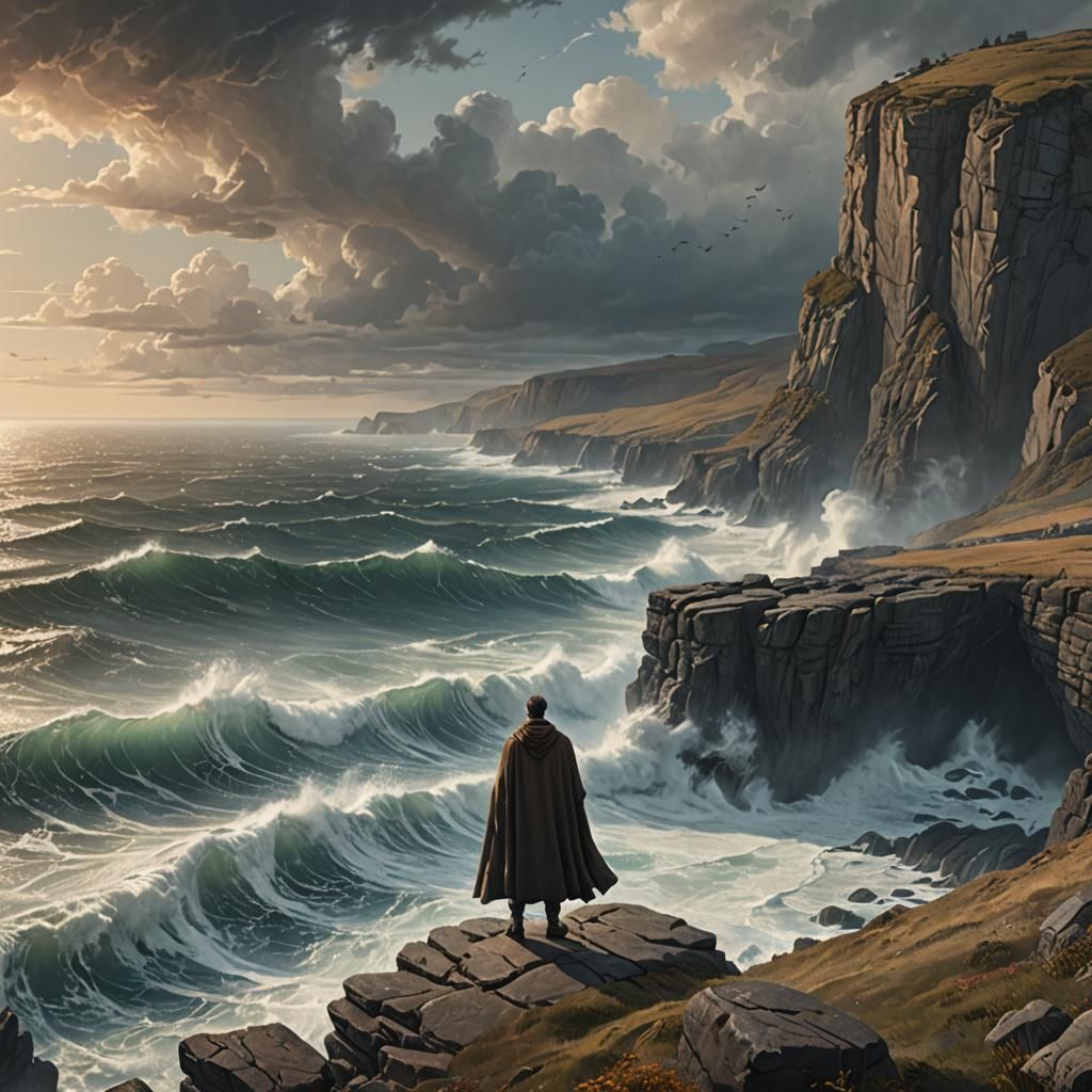 Lonely Man Contemplates the Ocean's Mysteries in a Fantasy L...