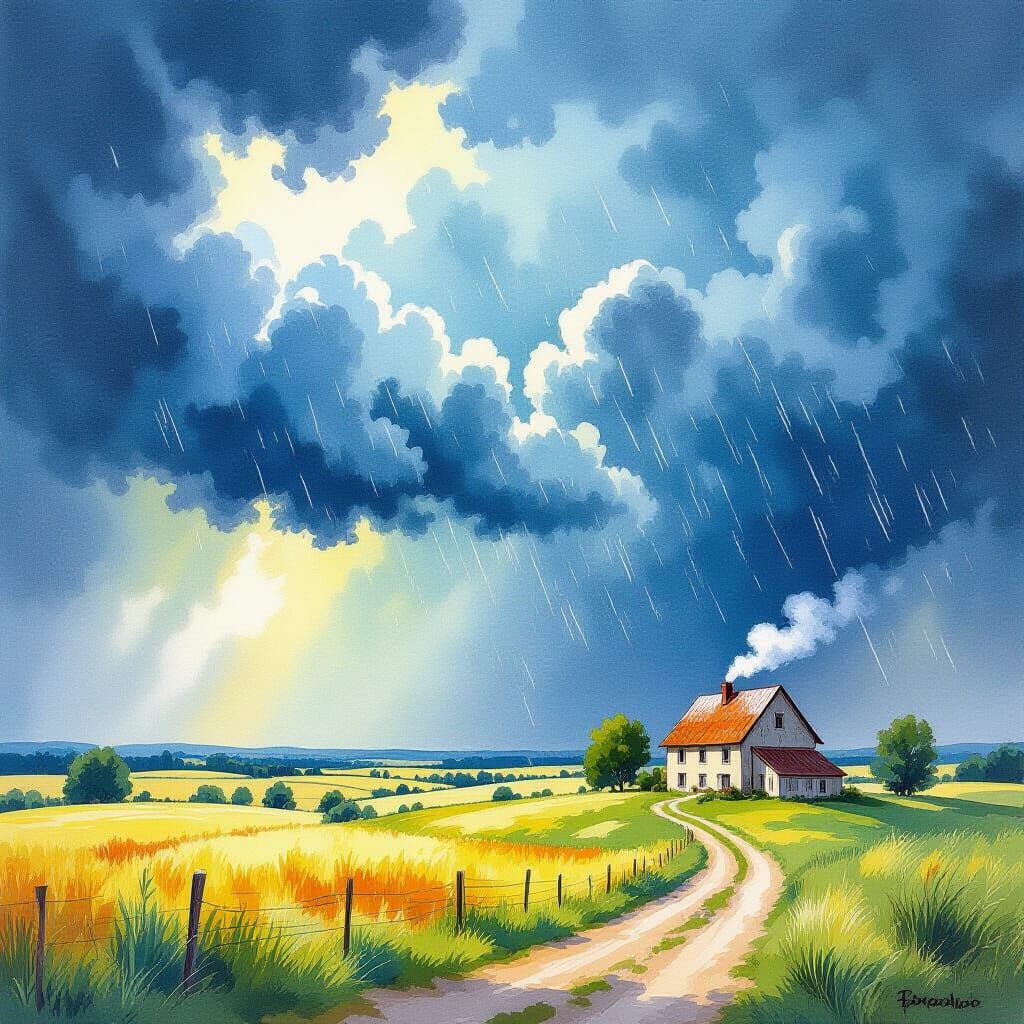 Rainstorm Sweeps Across Farmhouse Landscape in Watercolour