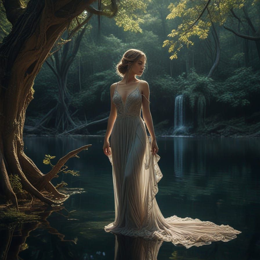 Dreamlike Water Goddess in Moonlit Lake