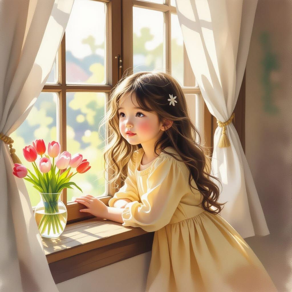 Dreamy Watercolor Painting of Korean Girl by Window