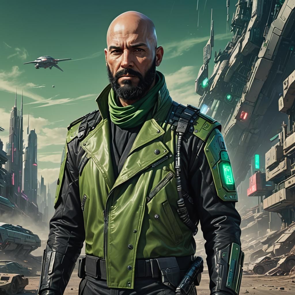 Cyberpunk Man with Cybernetic Arm in Futuristic City