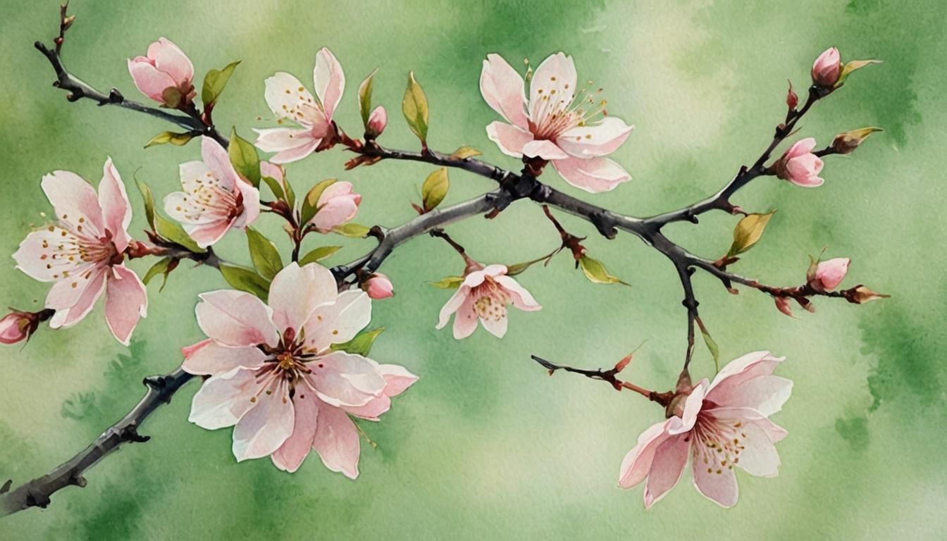 Cherry Blossom Branch in Japanese Watercolor Style