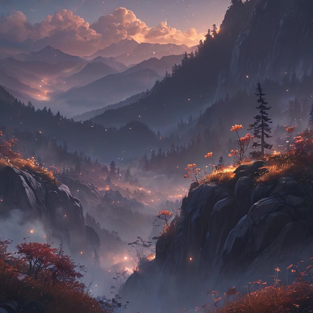 Serene Anime Mountain Range at Dusk in 3D