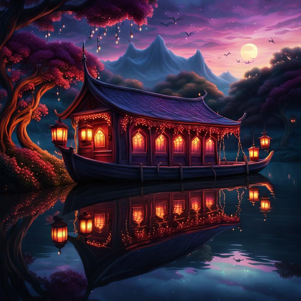 Mystical Lakeside Boathouse at Dusk: Fantasy Concept Art