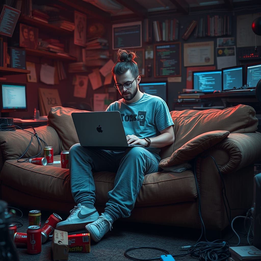 Programmer on Couch: Retro-Futuristic Digital Illustration