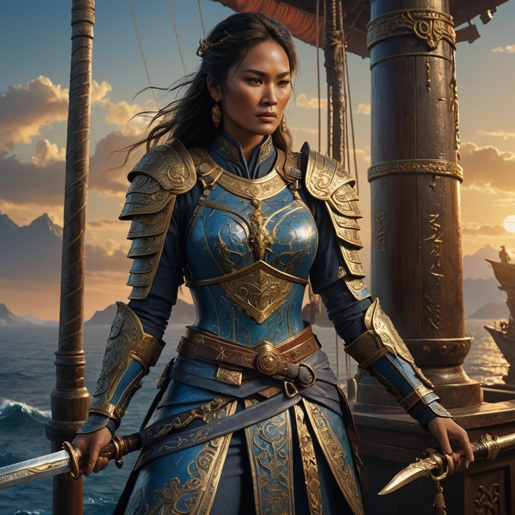 Tia Carrere in Blue and Gold Oriental Armor