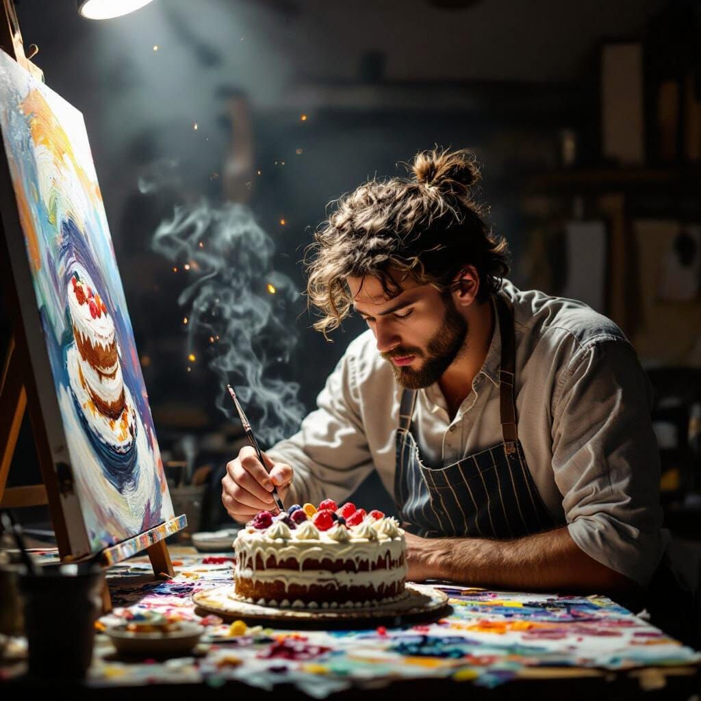 Artist Paints Cake in Dramatic Studio Lighting