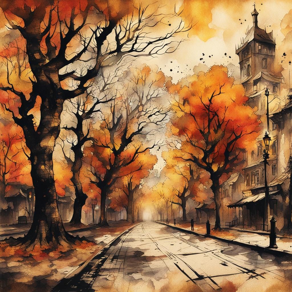 Steampunk Autumn Street Scene in Ink Painting Style
