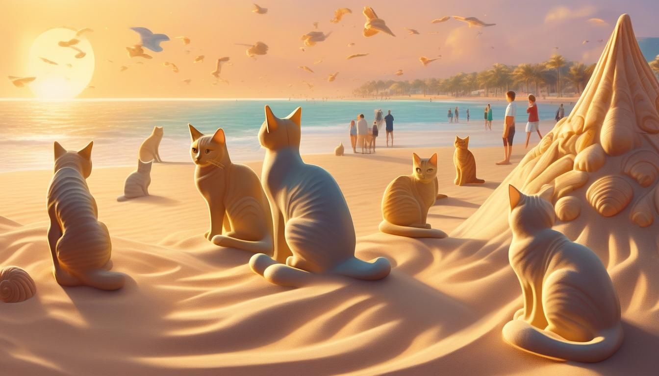 Hyper-Realistic Sand Cats on Beach at Sunset