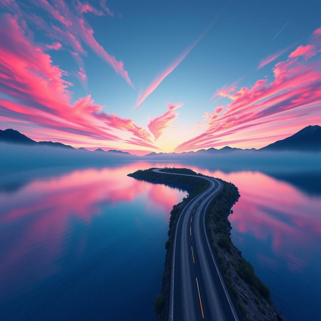 Winding Road Through Lake at Sunset: Anime Style