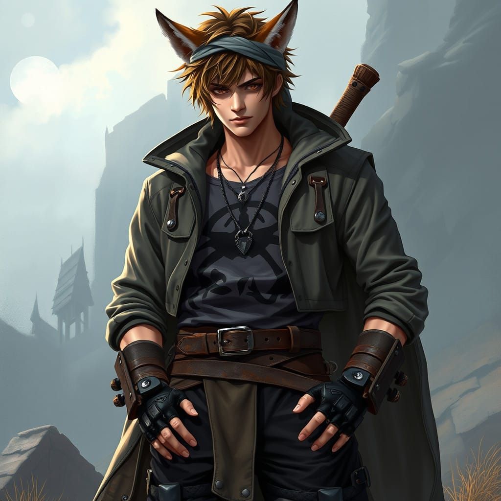 Mystical Anime Punk Wizard in Distressed Grey Leather Outfit