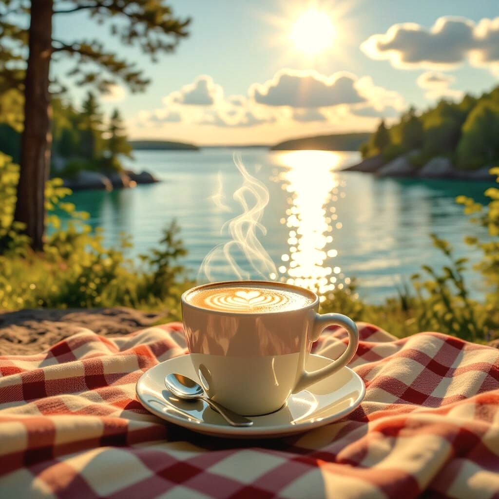 Steaming Latte at Apostle Islands Picnic, Realistic Style