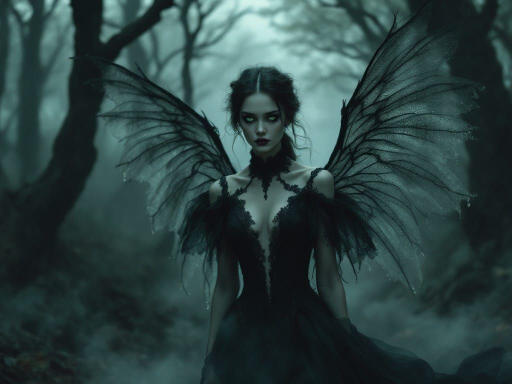 Ethereal Woman Walks Through Foggy Forest with Wings
