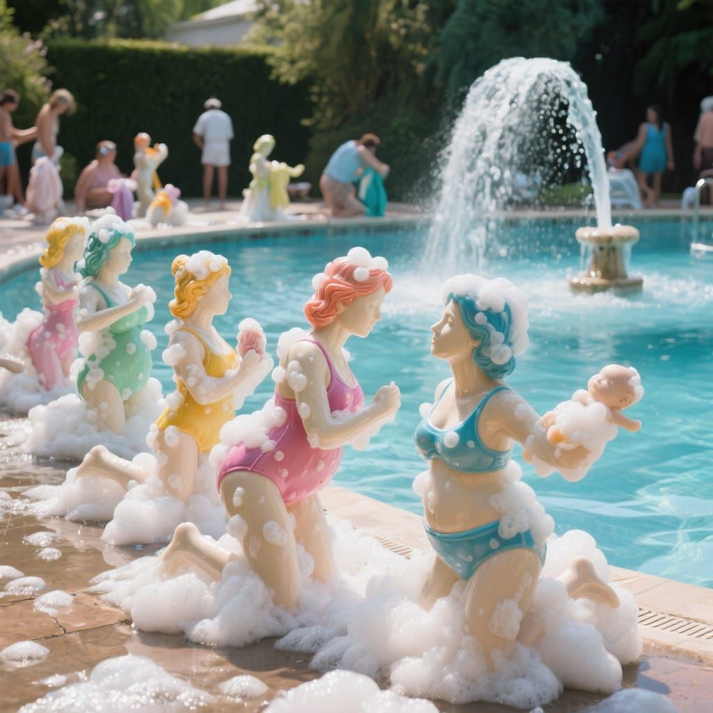 Soap Sculptures of Swimming Mothers by a Fountain