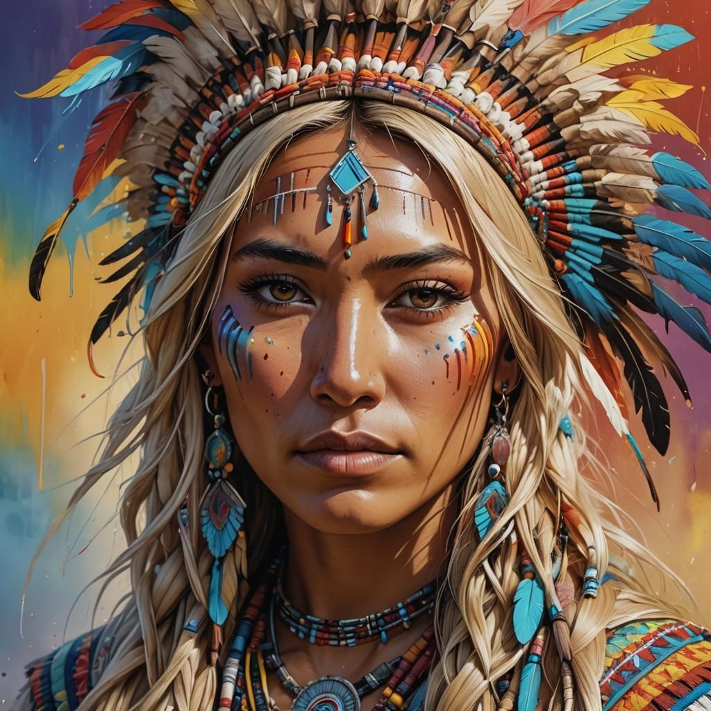 Native American Woman with Rainbow, Hyperrealistic Art