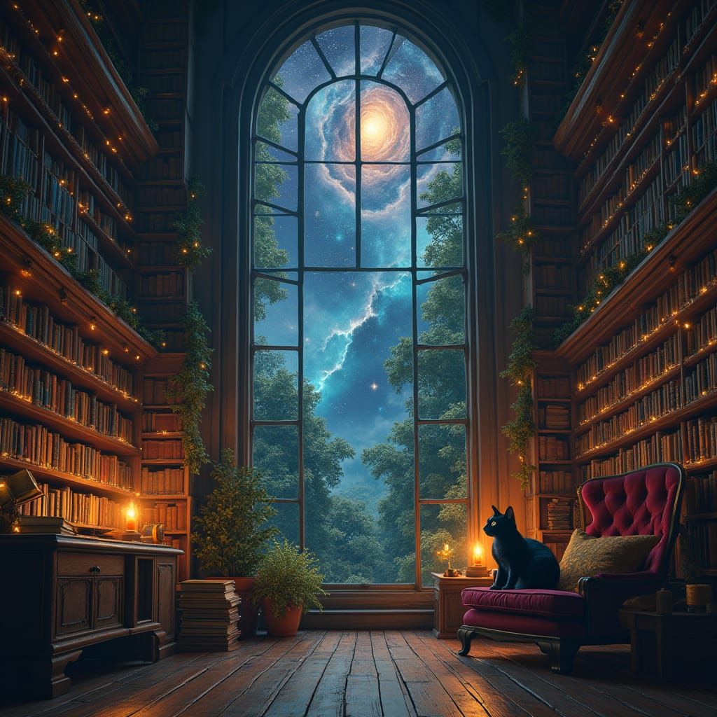 Whimsical Celestial Library at Midnight