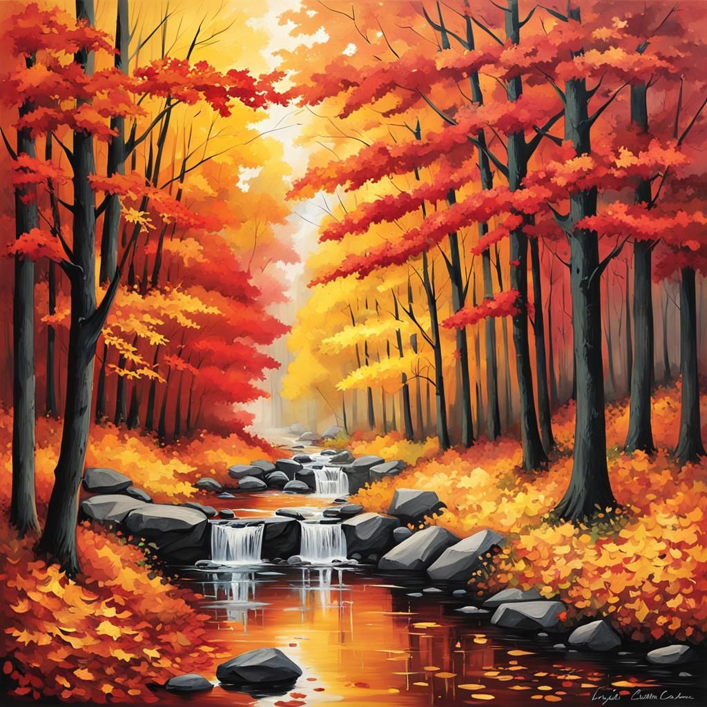 Autumn Landscape with Falling Leaves