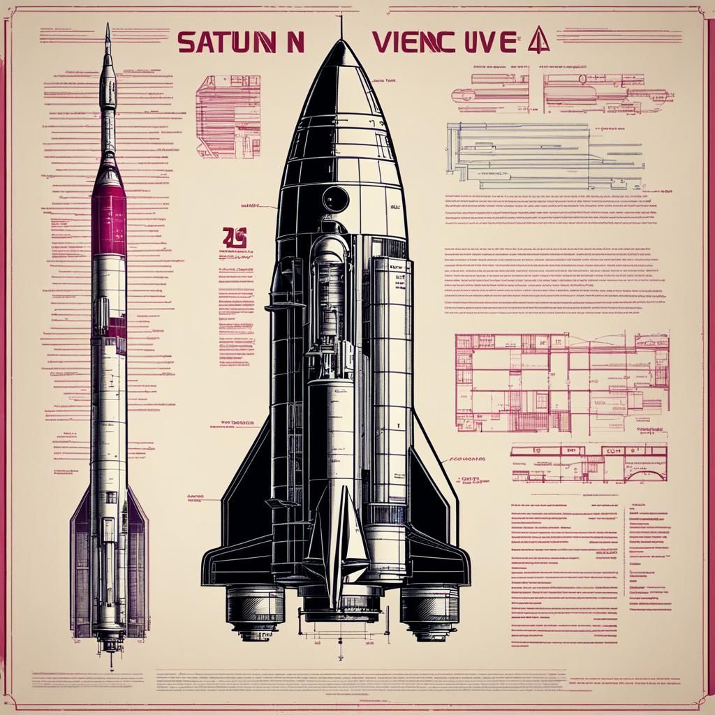 Saturn V Rocket Blueprint in Cyberpunk Style